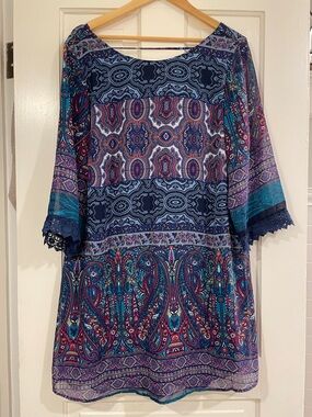 Paisley-Print 3/4 Sleeve Shift Dress in Navy & Teal